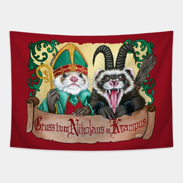 Greetings from St Nick and Krampus Tapestry by SierraTiegsArt