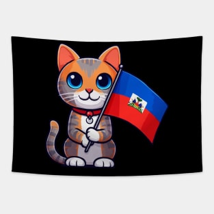 Cute Cat Holding Haiti Flag, Haiti Flag Day Tapestry