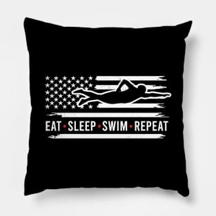 Swimming funny eat sleep repeat graphic theme mixed with a flag art Pillow