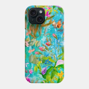 Cool tropical floral leaves botanical illustration, tropical plants,leaves and flowers, blue aqua leaves pattern Phone Case