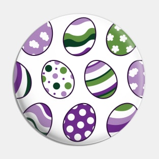 Egg Pattern | Purple Green | Stripes Clouds Flowers Dots | White Pin