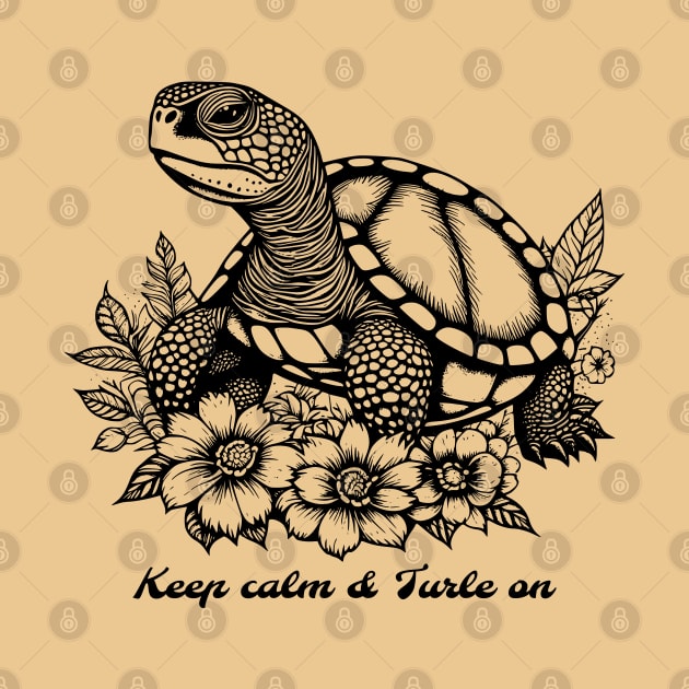Cute Turtle with flowers, Keep Calm and Turtle On, Black and whiteVintage Style Turtle design by Tintedturtles
