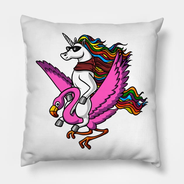 Unicorn Riding Flamingo Bird Pillow by underheaven