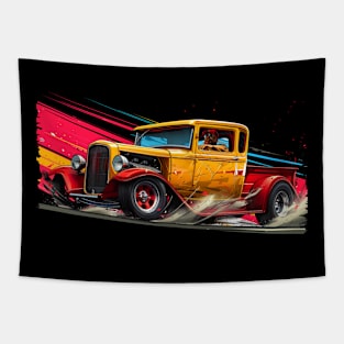 Hot Rod Truck Custom Classic Truck Retro Style Yellow and Red Vintage Hot Rod Tapestry