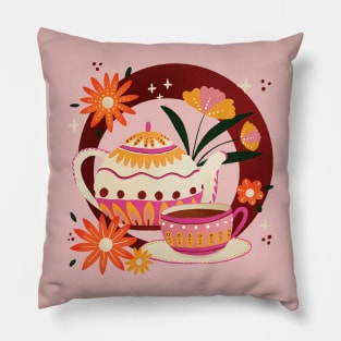 Pink and orange retro teapot and cup and flowers Pillow