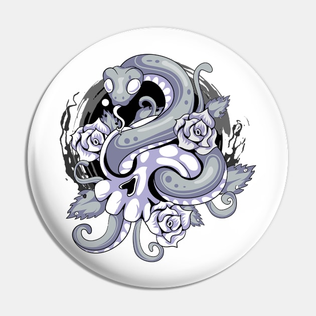 Kawaii Pastel Goth Snake Skull Black & White Pin by DionArts