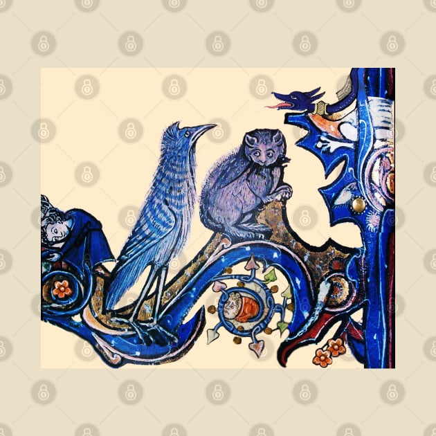 WEIRD MEDEVAL BESTIARY, CAT AND CUCKOO BIRD IN BLUE by BulganLumini