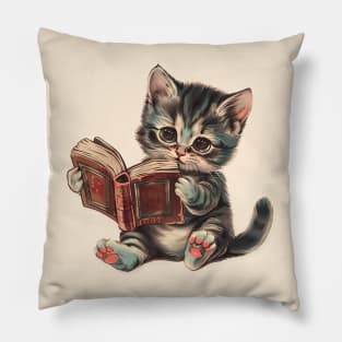 Cute cat reading book retro children illustration Pillow