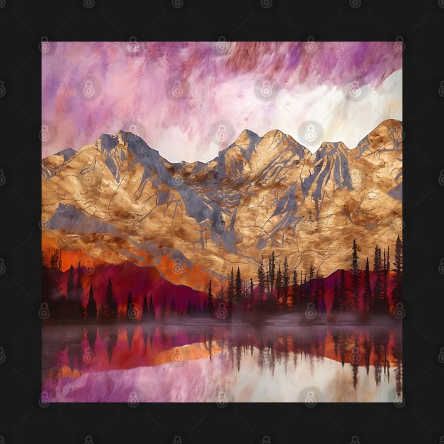 Golden Textured Mountain Lake Reflecting Pink Skies by The Art Mage