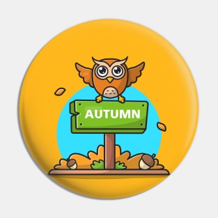 Autumn Sign with Cute Owl and Acorn Cartoon Vector Icon Illustration Pin