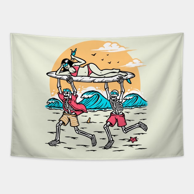 Fun Day at the Beach // Skeletons Carry Bikini Clad Woman on Surfboard Tapestry by SLAG_Creative