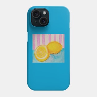 Watercolor lemons on blue table with striped pink background Phone Case