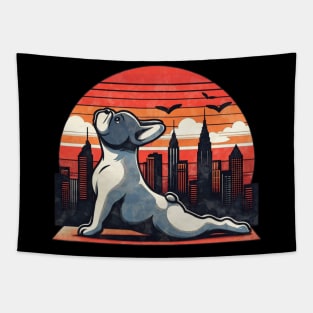 French bulldog, yoga style, silhouette frenchie on watercolor sunset and city Tapestry