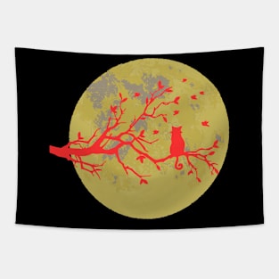 Beautiful branch coming under d moon with a cat Tapestry