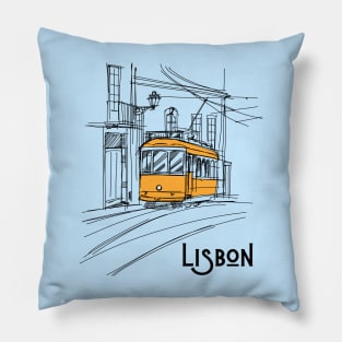 Lisbon City Portugal Hand Drawn Yellow Train Travel Lover Pillow