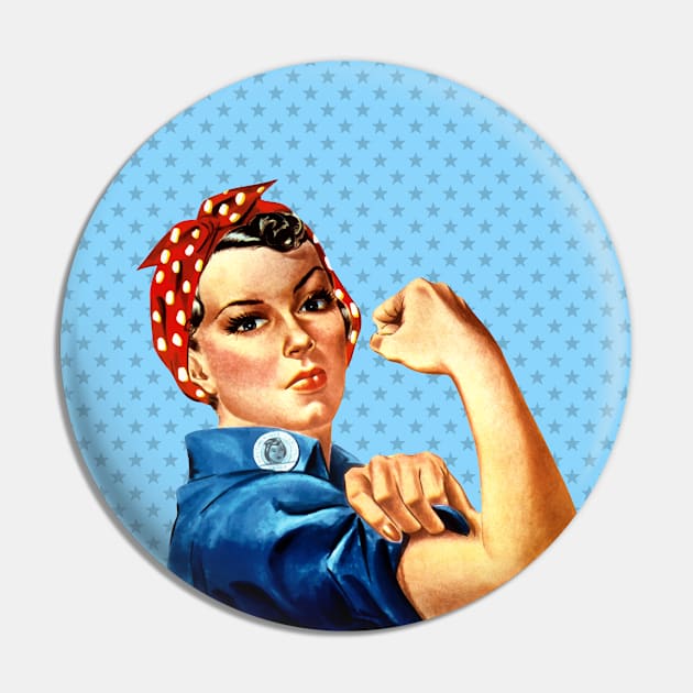 Rosie the Riveter- Blue Background with Star Pattern Design Pin by best-vibes-only