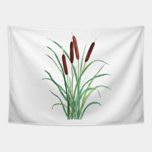 cattails plants watercolor painting green and brown Tapestry