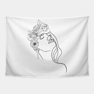 Women in floral hat line art Tapestry