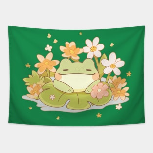 Joyful Summer Kawaii Baby Frog On A Water Lily Tapestry