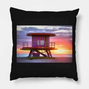 Miami Beach Round Life Guard House Sunrise Pillow