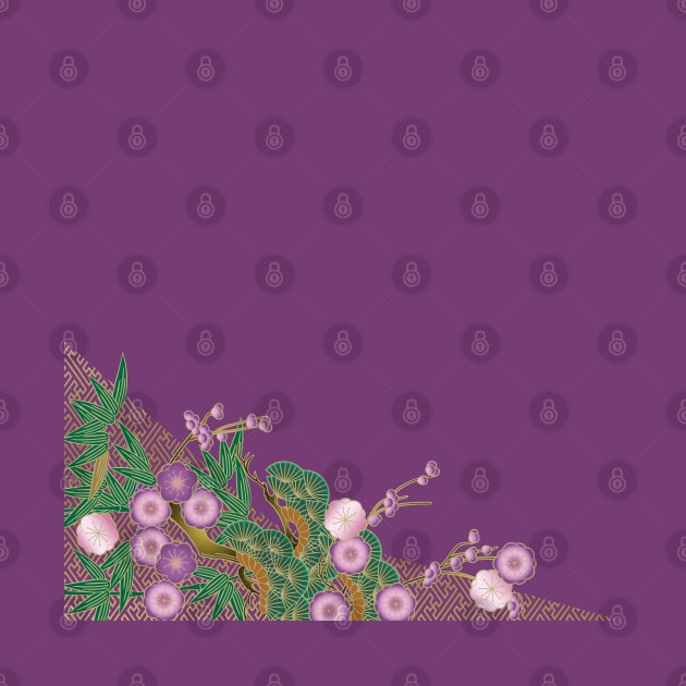 Cherry blossoms, pine tree and Bamboo pattern on purple background by Blacklinesw9