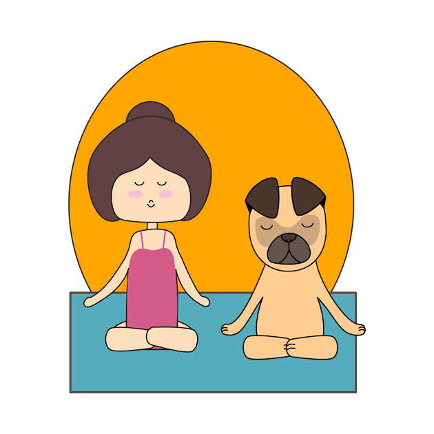 Yoga girl meditating with her pug in the sunrise by Ralph Hovsepian