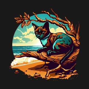 Summer Beach Cat Blue Artistic Print T-Shirt
