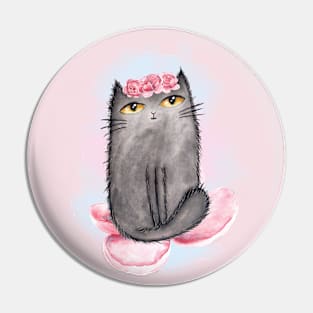 Watercolor cute cat and beautiful peonies. Pin