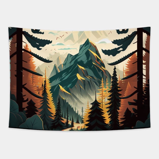 Hiking in Forest Minimal Design, Adventure Mountain Tapestry by dukito