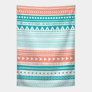 Teal Coral White Tribal Pattern Tapestry