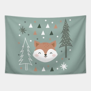 Cute Fox in the Forest Green and Grey Tapestry