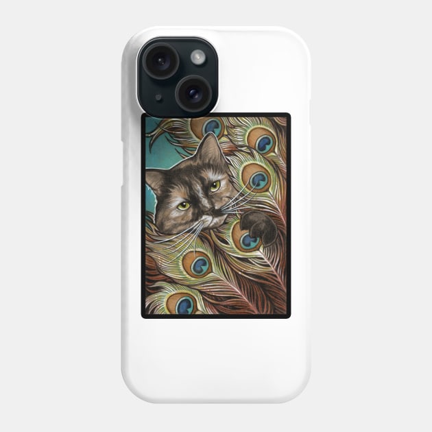 Tortie Cat and Peacock Feathers - Black Outlined Version Phone Case by Nat Ewert Art