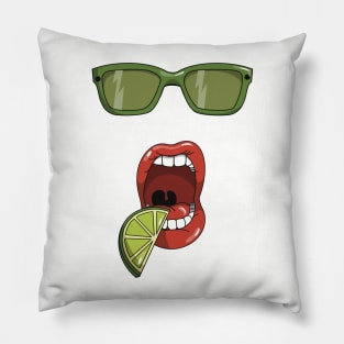 Mouth about to eat a slice of a green lime and matching green sun glasses Pillow