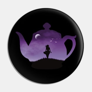 Freedom in a Cup | Tea Kettle Woman Silhouette Under The Moon | Purple Pin