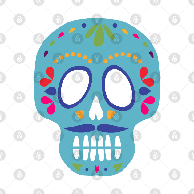 Day of the Dead Blue Colorful Skull Calavera Moustache by WoolShark