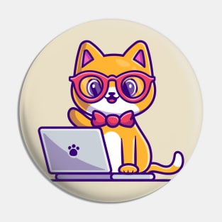 Cute Cat Working On Laptop Cartoon Pin