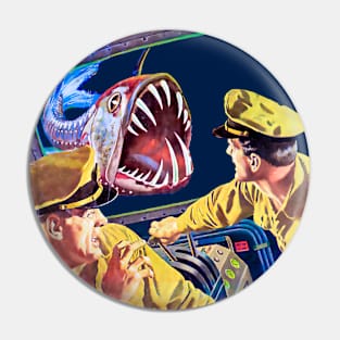 Terrifying Encounter: Two Sailors Confronted by Aquatic Monster in the Deep Ocean Depths Within Retro Vintage Submarine Pin