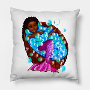 Mermaid spa day#002- african American anime mermaid in bubble bath. Pretty black girl with Afro hair, green eyes, Cherry pink lips and dark brown skin. Hair love ! Pillow