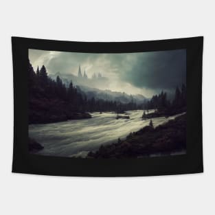 Castle in the Mists Over a Dark Landscape Tapestry