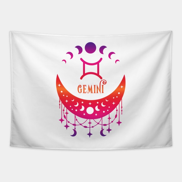 Rainbow Ombre Moon Phases and Gemini Zodiac Symbol Tapestry by Cheeky Witch