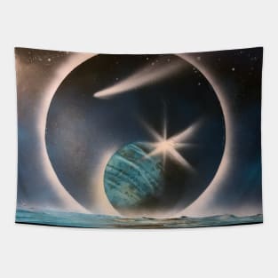 Fantasy Solar Eclipse Earth Moon Space Stars Ocean Ship Artwork Tapestry