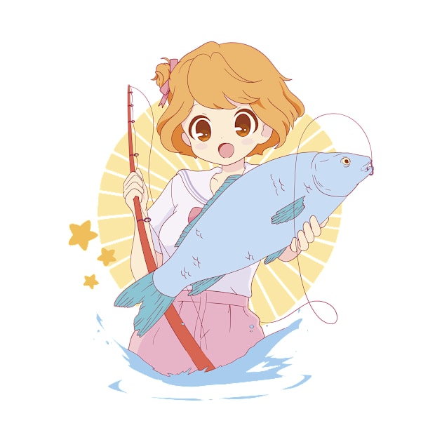 Anime  Girl  Fishing   P R t shirt by LindenDesigns