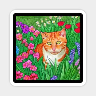 Orange Cat on Flowers Magnet