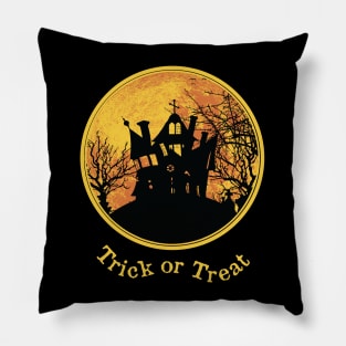 Halloween Moon Trick or Treat Haunted House Black Silhouette Pillow