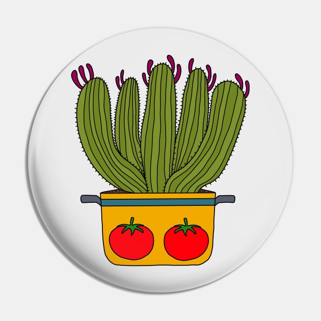 Cute Cactus Design #156: Saguaro Cacti In A Pot With Tomato Design Pin by DreamCactus