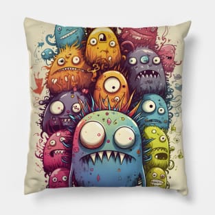 Colorful and Funny Monsters in Neon Watercolor Doodle Art Style Pillow