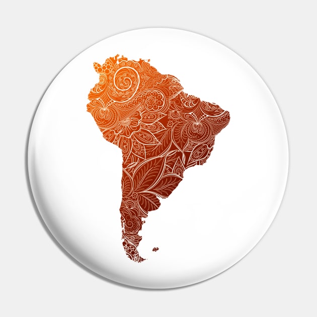 Colorful mandala art map of South America with text in brown and orange Pin by Happy Citizen