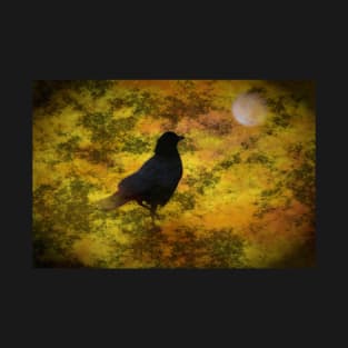 Black Raven Staring At The Moon Digital Art T-Shirt