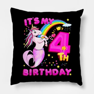 Kids 4Th Birthday Unicorn Mermicorn Mermaid For Girls Pillow