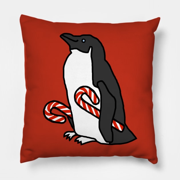 Christmas Penguin Holding Candy Cane Pillow by ellenhenryart